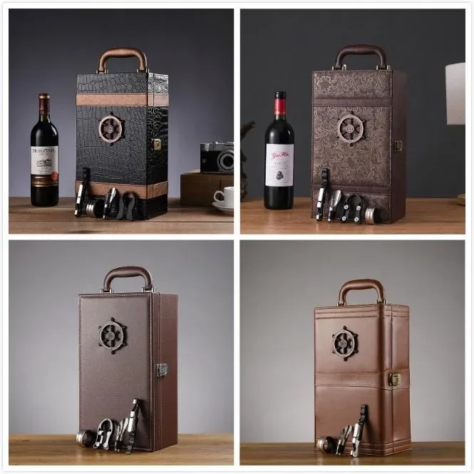 Home Storage Organizer Wooden Wine Box PU Leather Red Portable Double Packing Gift Luxury Holder