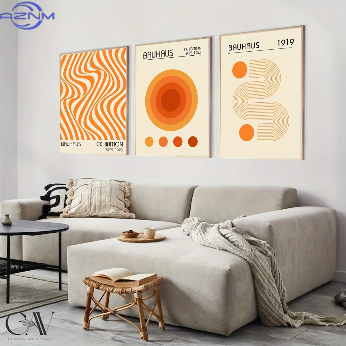 3pcs Set of Orange Bauhaus Art Prints, Minimalist Retro Wall Art, Bauhaus Exhibition Poster Set, Mid-Century Art, Modern Geometr