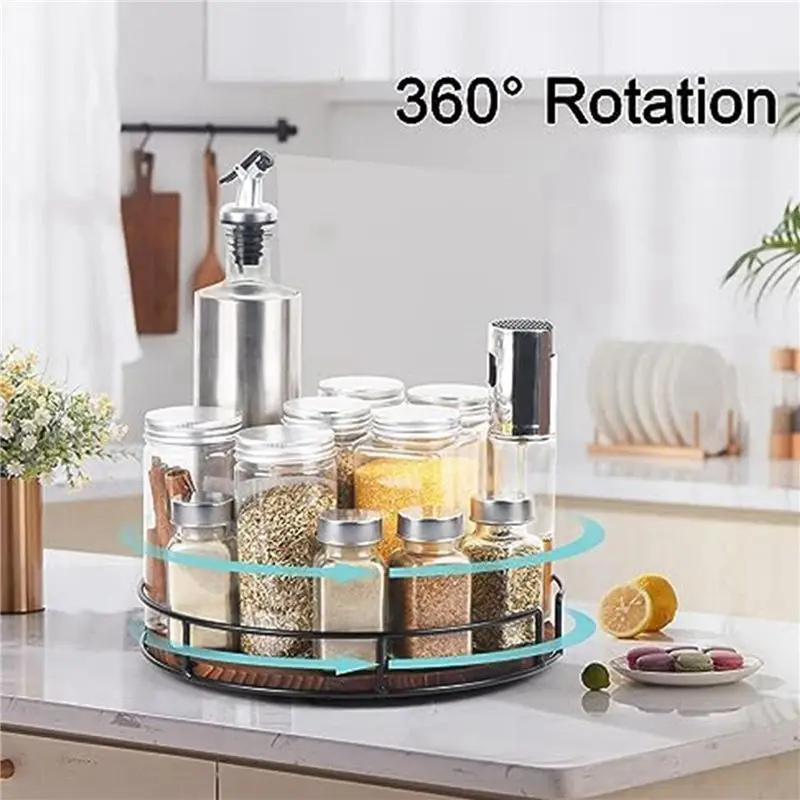 AT63-2X Non-Skid Wood Turntable Organizer For Cabinet, Pantry, Kitchen Countertop, Refrigerator, Spice Rack, Carbonized Black