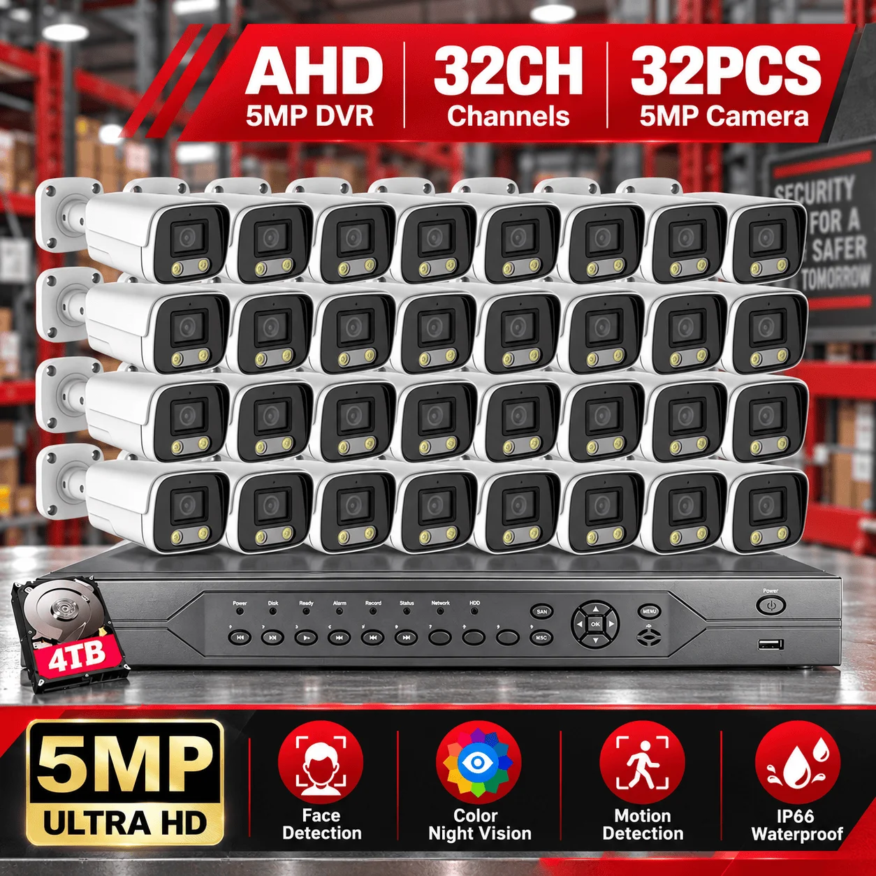 32 Channel AHD DVR Kit 5MP 32CH Outdoor Color Night Vision Analog CCTV System 32PCS BNC Bullet Surveillance Security Cameras