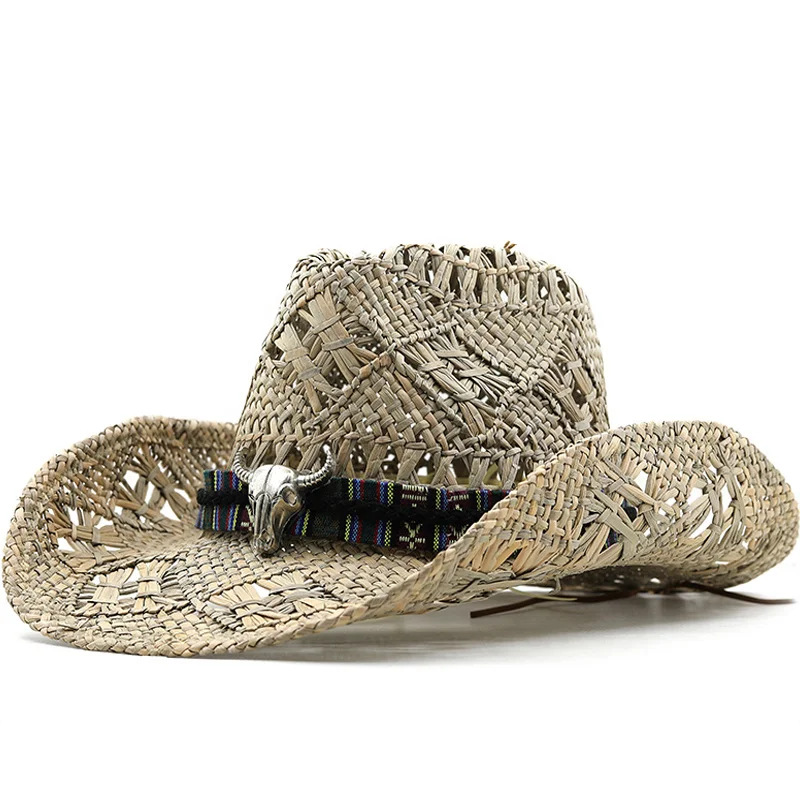 

Western Panama Straw Cowboy Hats Straw Women Men Summer Hat Jazz Caps Beach Windproof Rope Cap Out Shading Wide Brim Hat