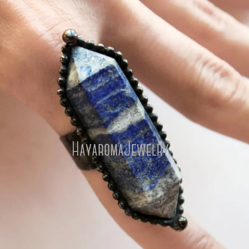 Double Point Lapis Lazuli Large Blue Natural Stone Fidget Ring Stainless Steel Halloween Gothic Emo Jewelry Women Accessories