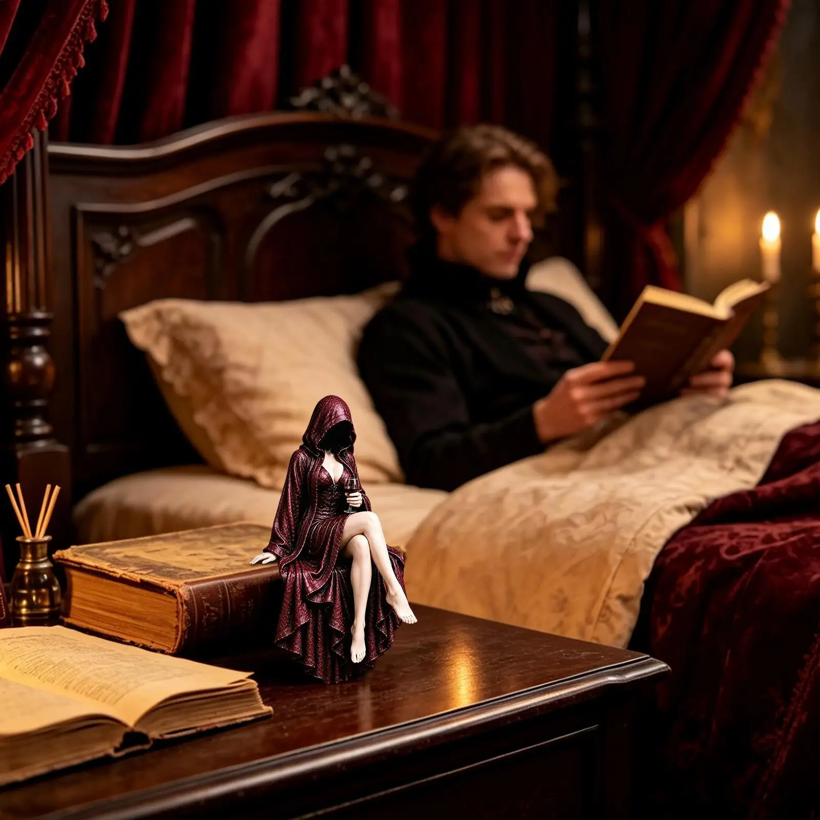 Gothic Dark Fantasy Figure Faceless Robe Lady Hooded Book Reader Statue for Wine Cabinet Home Bar Living Room Desk Mantle