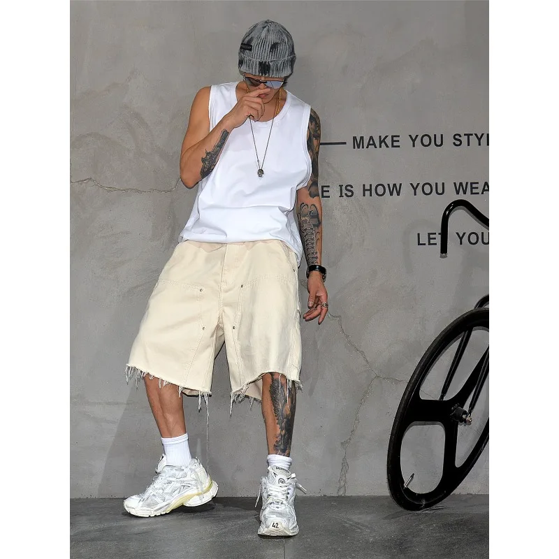 American High Street Apricot White Wide-leg Denim Shorts Men's Loose Straight Five-point Pants Burrs