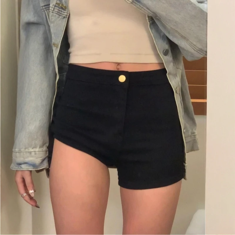 High Waist Black Denim Shorts Women's Summer plus Size Slimming Tight Butt Lifting Spicy Girl Versatile Hot Pants Cotton Blend