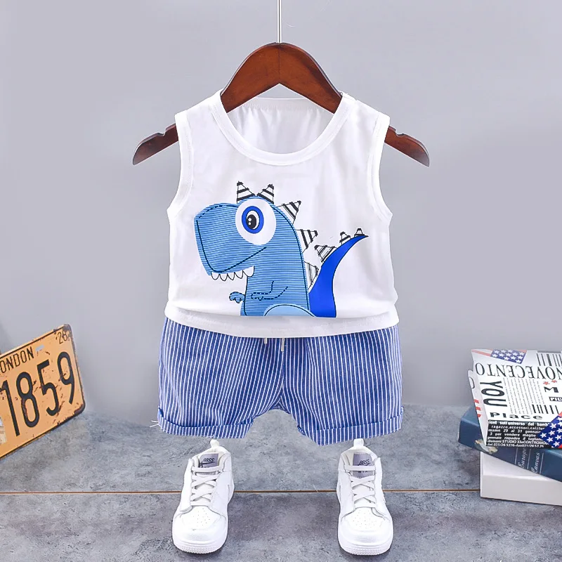 Toddler Summer Clothes for Kids 2024 Fashion Cartoon Dinosaur Print O-neck Sleeveless Vest and Shorts Boys Boutique Clothing Set