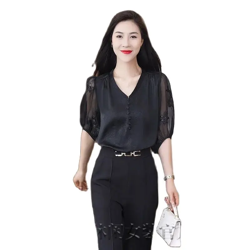 2024 Fashionable Temperament Set Women's Summer New Light And Thin V-neck Shirt, High Waisted Straight Leg Pants Two-piece Sets