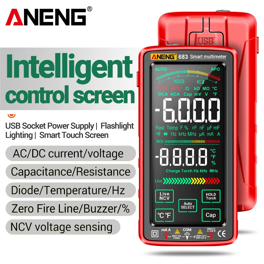 ANENG 683 6000 Count Smart Touch Screen Multimeter Rechargeable Ammeter AC/DC Voltage Current Tester NCV Diode Electrician Tool