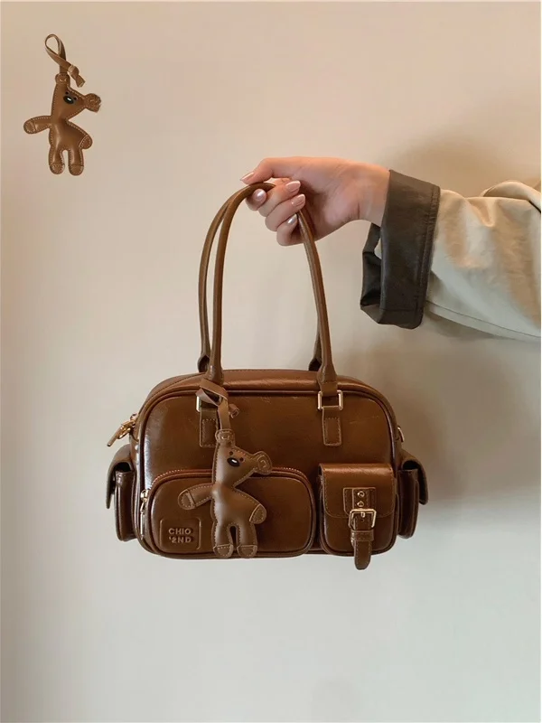 luxury-brown-sugar-pillow-bag-women's-crossbody-oulder-handbag-leather-purse-casual-zipper-closure-new-condition