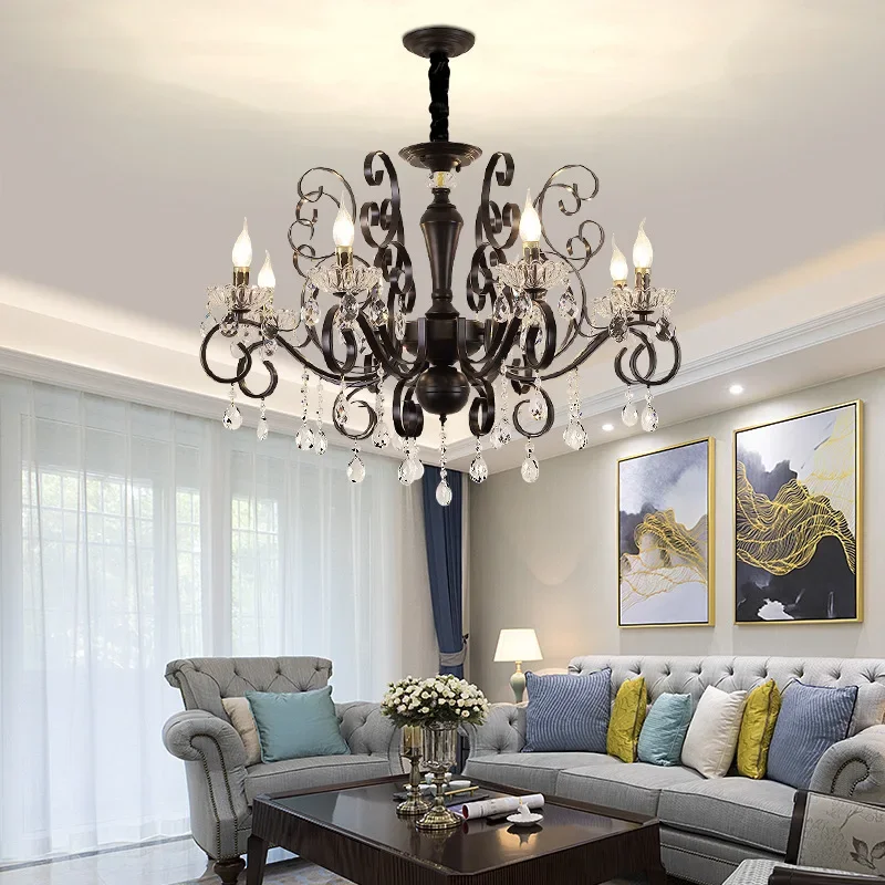 

American Simple Iron Chandelier Light Luxury Creative Crystal Lamp Restaurant Bedroom Lamp Personality Candle Chandelier