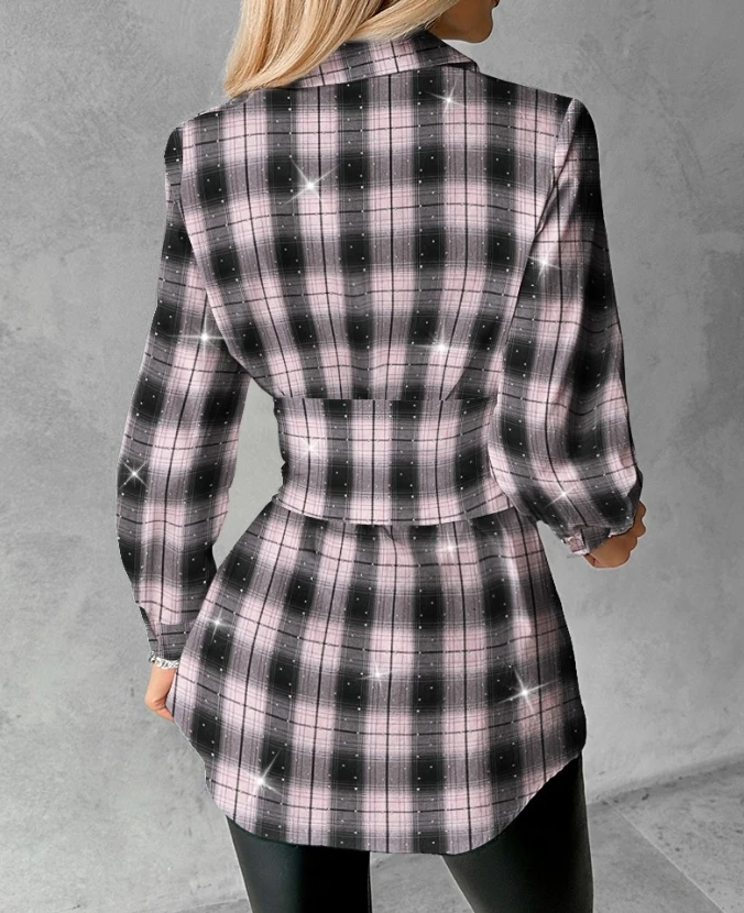 Hot Selling Shirt for Women 2024 Spring Autumn Casual Turn-Down Collar Plaid Print Eyelet Lace-Up Design Front Rhinestone Top