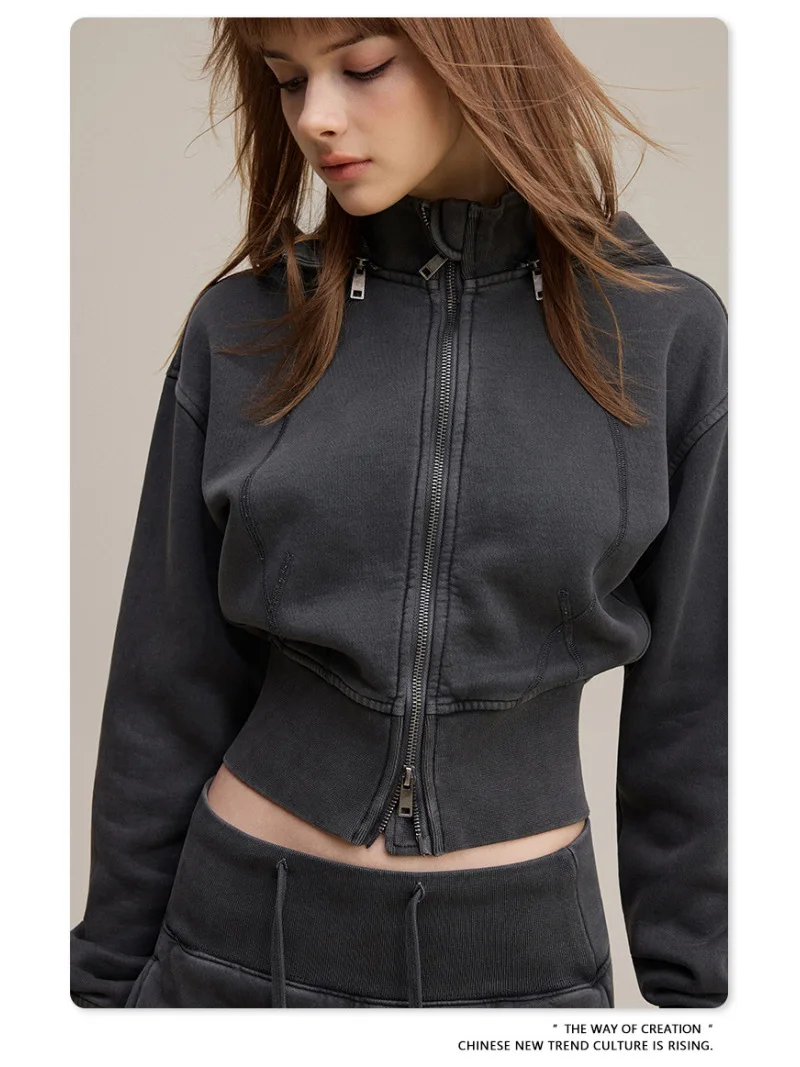 2 in 1 Detachable Zipper Jacket Women 2026 Autumn Fashion Cropped Sweatshirt Long Sleeve Casual Streetwear Outerwear