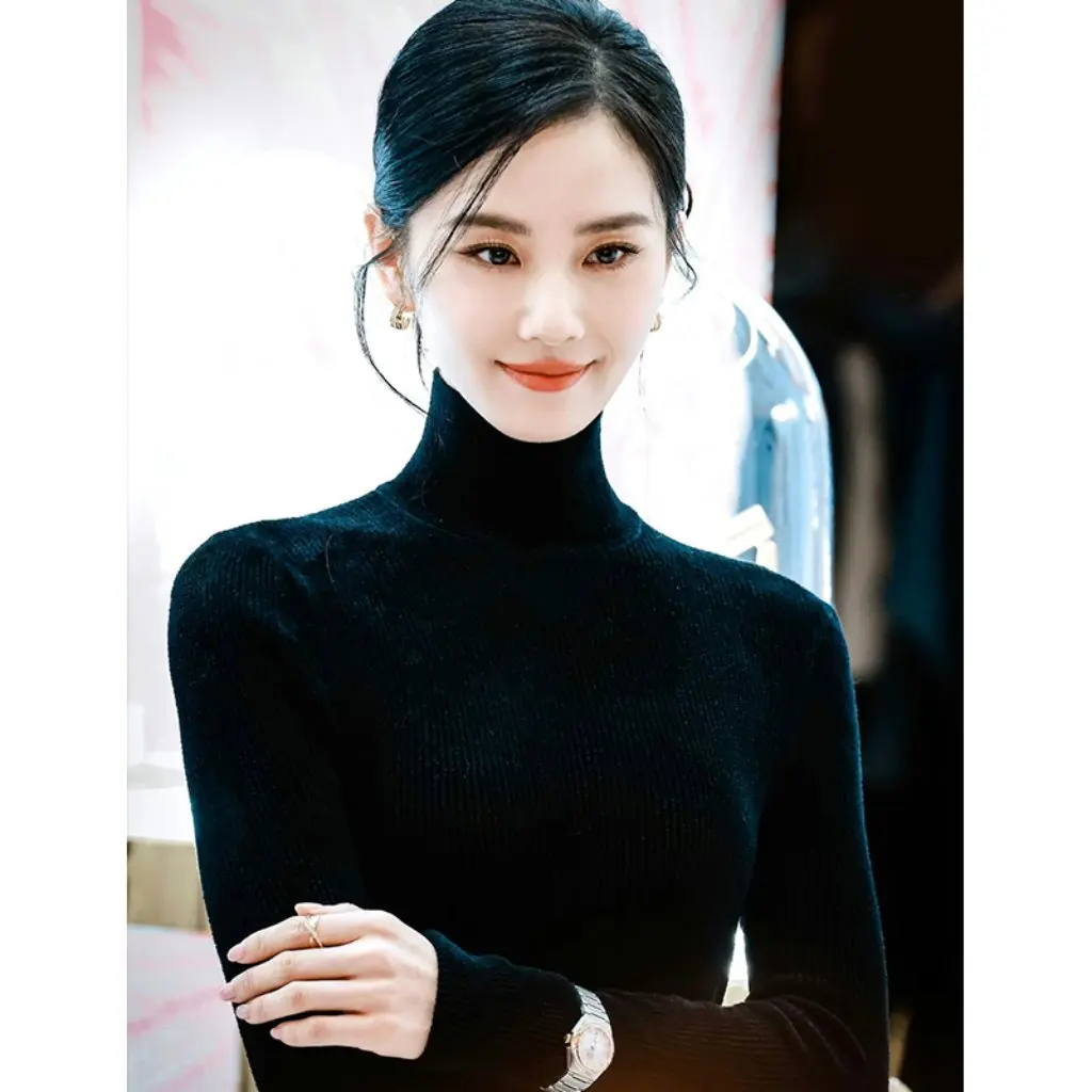 

Liu Shishi Women's Black Turtleneck Sweater Long Sleeve Slim Fit Top Tight Bottoming Shirt for Autumn Winter