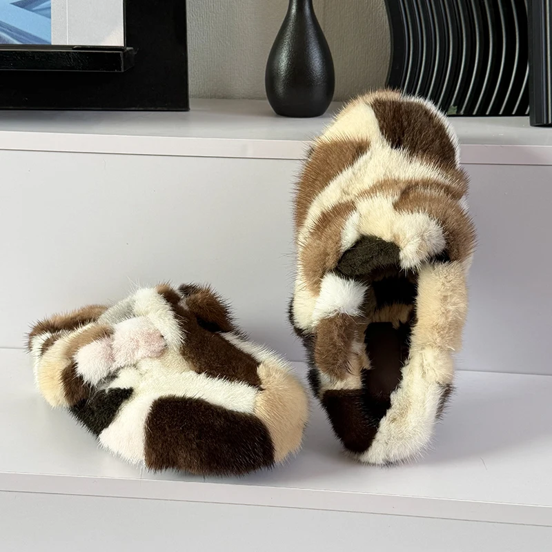 Women's Mules and Clogs Mink Fur Slippers Winter Women'S Slippers Color Blocking Fur Slides Plush Fur Clogs Shoes for Woman view 5