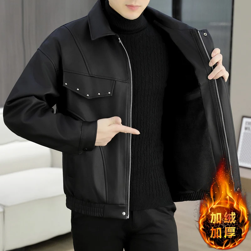 

Winter Warm Leather Jacket for Men Lapel Thickened Motorbike Leather Jackets Fashion Windproof Casual Business Social PU Coat