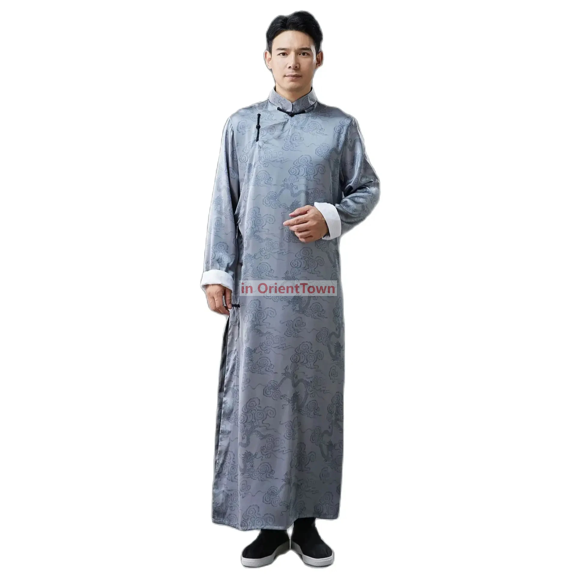 Traditional Chinese Robe Oriental Tang Suit Dragon Pattern Qipao Gown Stand collar Vestido Male