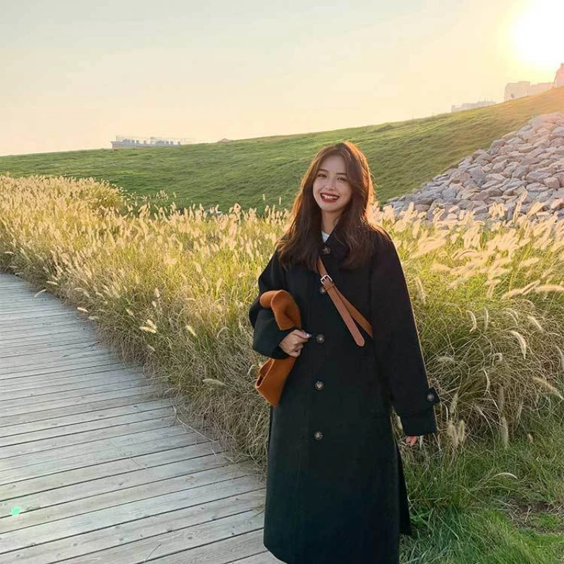 

Шерстяное пальто Lu Thiened для женщин, средней длины, свободного кроя, в стиле Хепберн, корейская версия, длинное пальто-костюм для женщин