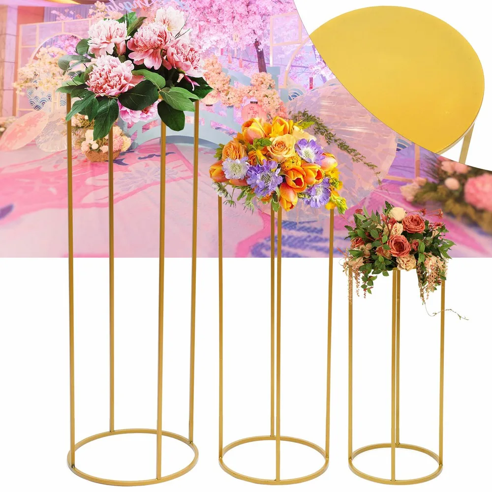 

3pcs Metal Flower Stand Gold Round Column Stand Wedding Banquet Hall Party Decor
