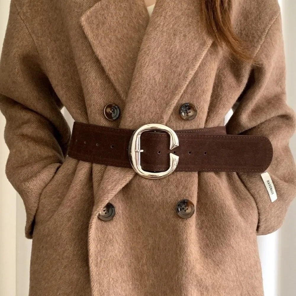 Functional Vintage Faux Suede Waist Belt Soft Coffee and Black Wide Waist Belt Large Oval Buckle Velvet Waistband Women