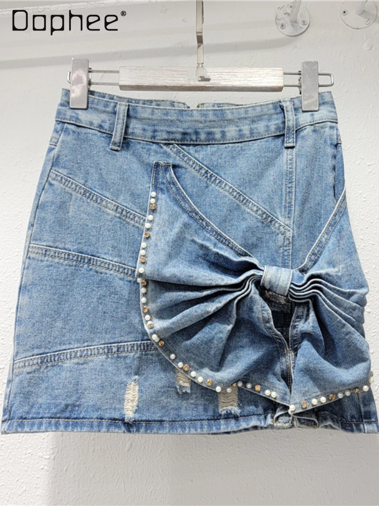 

fashion Three-Dimensional Bow Beaded A- Line Denim Skirt for Women 2024 Summer New Slim Fit Slimming Hip Skirt Korean Style