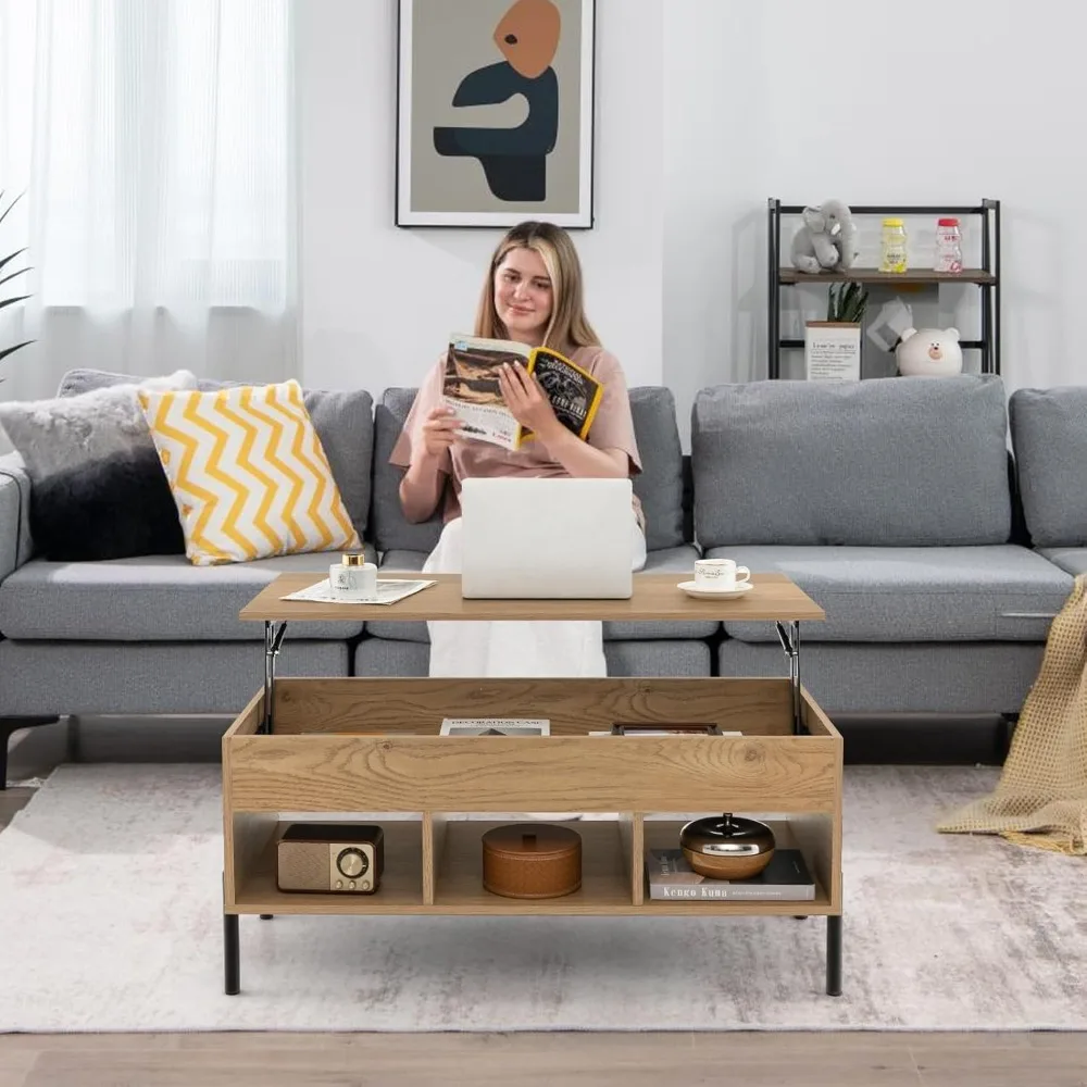 Lift Top Coffee Table - Rectangular Wooden Table w/Hidden Compartment & Open Storage Shelves, Convertible Lift-Top Console Table