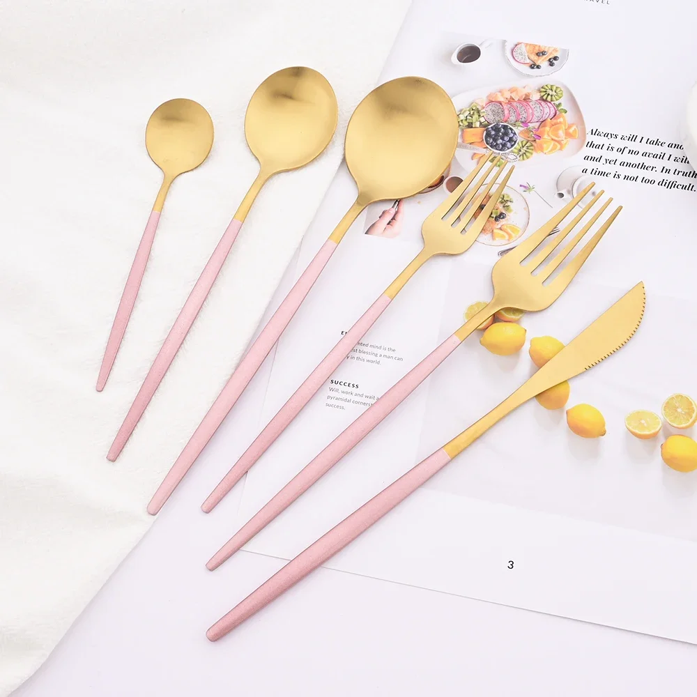 6People/36pcs Pink Gold Stainless Steel Flatware Cutlery Set Knife Dessert Fork Spoon Dinnerware Set Matte Kitchen Tableware Set