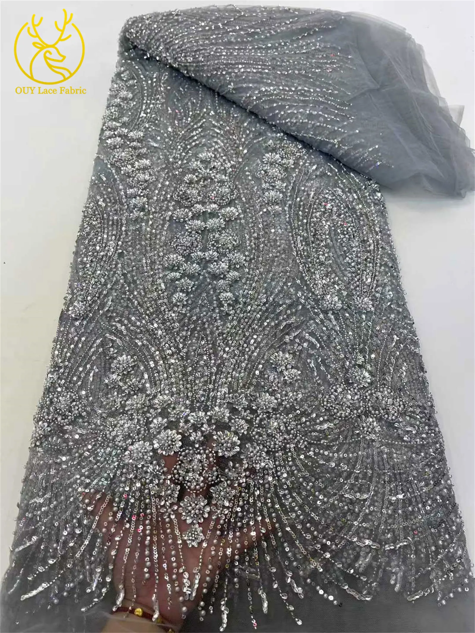 Luxury African Beaded Lace Fabric 2025 Gold Luxury French Nigerian Sequins Mesh Tulle Lace Fabric Wedding Party Dress 5 Yards