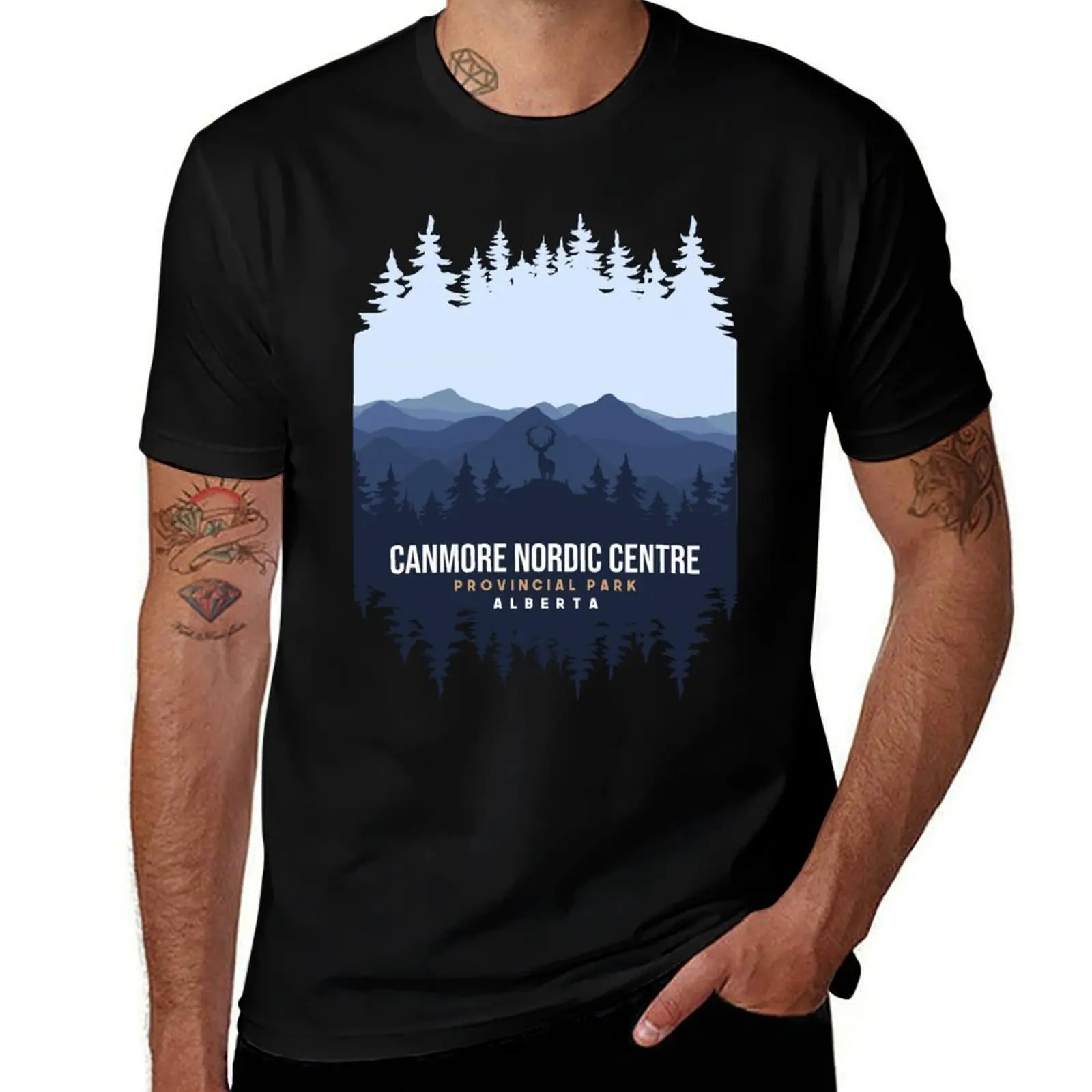 Canmore Nordic Centre Provincial Park Alberta Canada Mountain And Pine Tree T-Shirt man t shirt cotton high quality T-Shirt