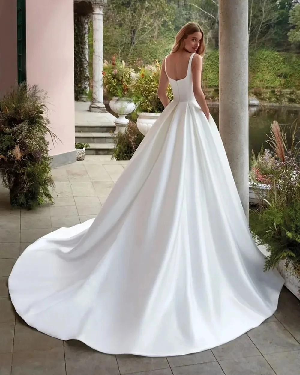 Vestido de novia sencillo de satén, traje elegante con bolsillo, tirantes finos, espalda, medida personalizada, impresionante