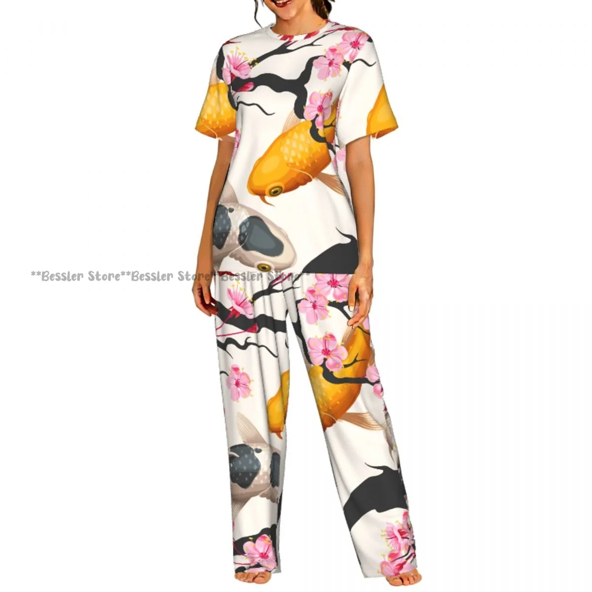 

Women Pajama Sets Lounge Sleepwear Koi Fish And Sakura Cherry Pattern Short Sleeve Nightwear