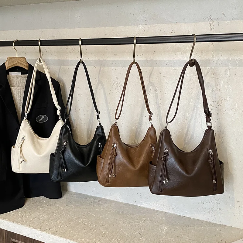 

2025 Новая модная сумка большой вместимости - двойная молния, мягкая кожаная текстурированная сумка через плечо, сумка через плечо