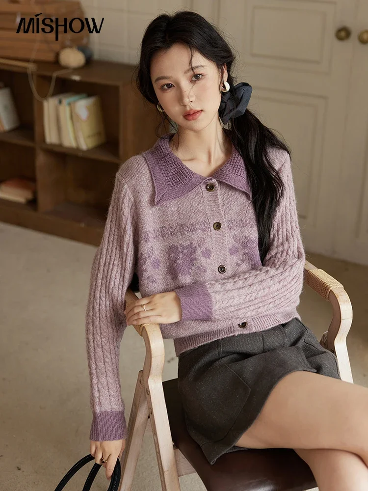 MISHOW Purple Vintage Sweater Women Flip Lapel Knitted Cardigan Tops 2024 Autumn Winter Single Breasted Elegant Top MXD46Z0800