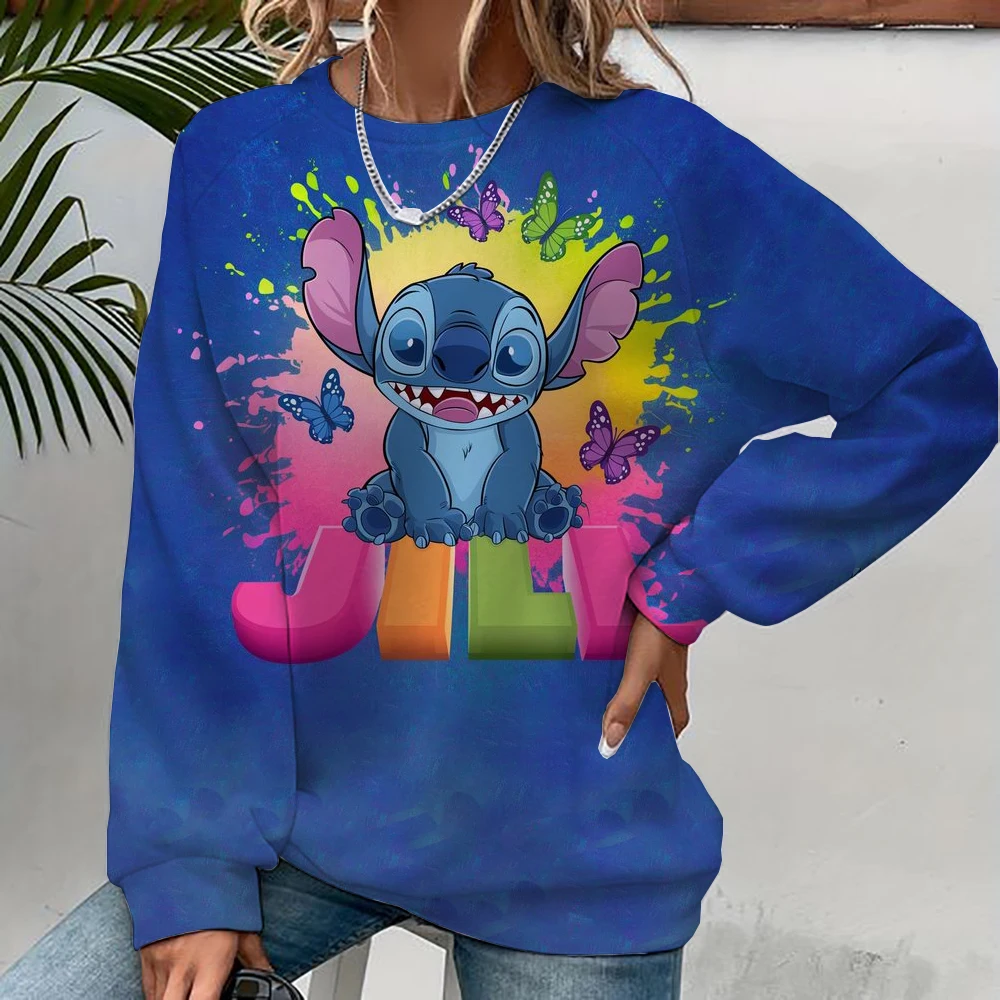 Sweatshirt motif Disney Stitch wanita, pullover leher bulat musim semi dan musim gugur, pakaian pas longgar Korea, Harajuku retro