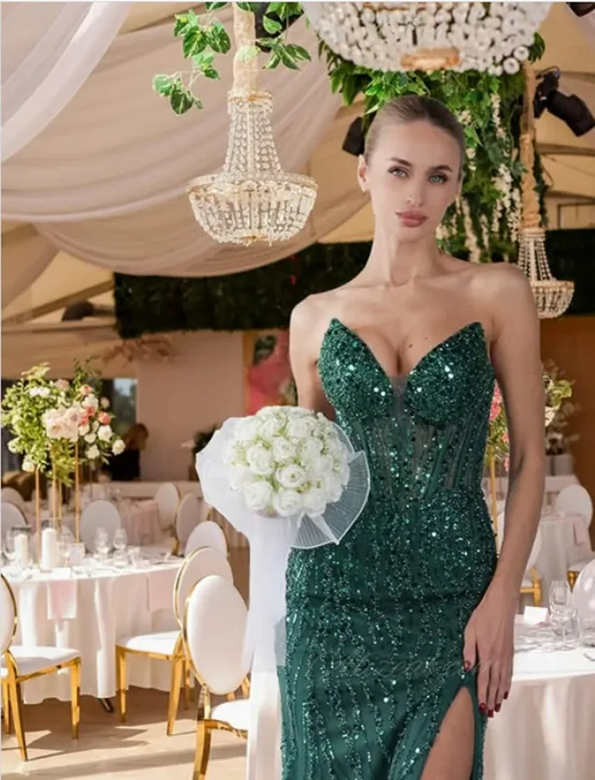فستان حفلة موسيقية بترتر أخضر داكن سبليت مطرز بالخرز قبالة الكتف بدون ظهر فساتين سهرة فخمة ٢٠٢٥ مخصص