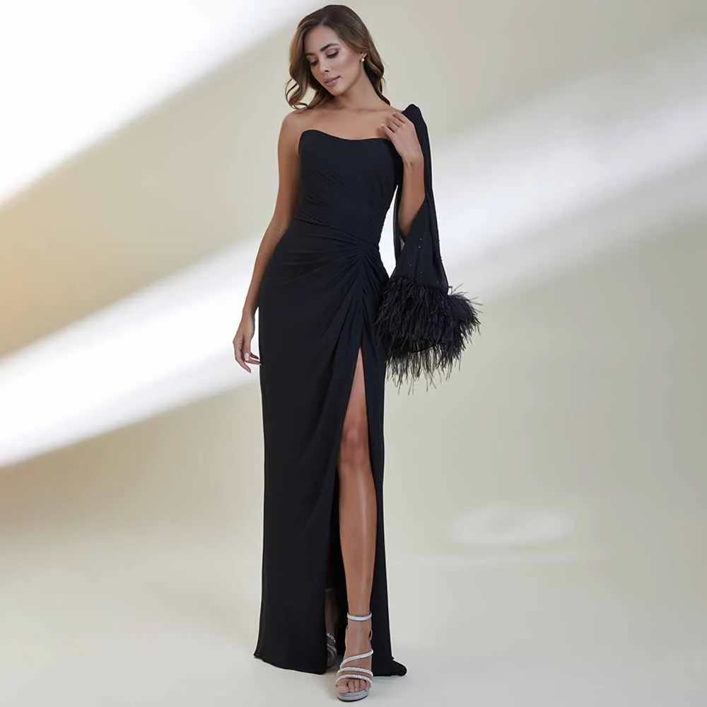 

Elegant Evening Dress Black One Shoulder Mermaid Gowns for Women Feather Crystal Side Slit Trumpet Prom Dresses Long