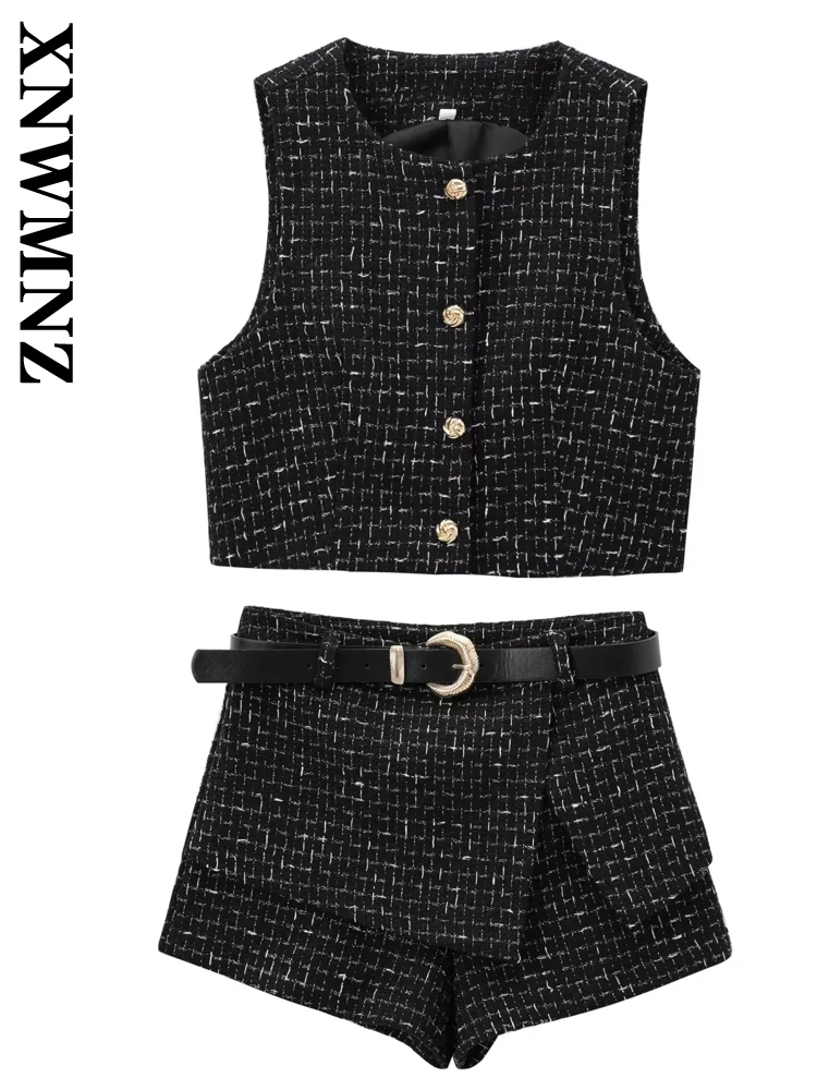 

XNWMNZ 2024 Autumn New Ladylike Fashion Gilet Shorts Set Vintage Lady Sleeveless O-Collar Two-piece belt Waistcoat Leisure suit