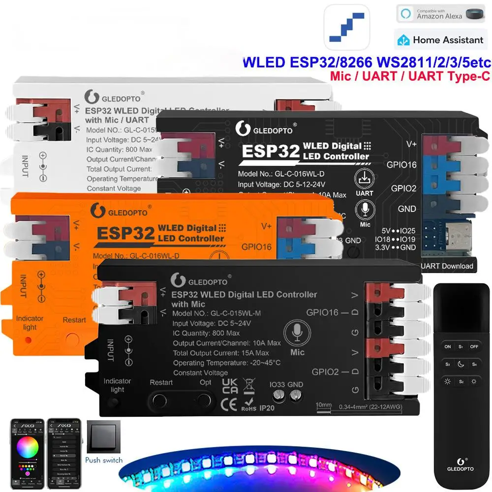 Светодиодный контроллер GLEDOPTO ESP32 WLED Dynamic RGB IC IO33 DIY App Easy Wiring WS2811 WS2812 SK6812 TM1814 WS2813 WS2815 Strip Light