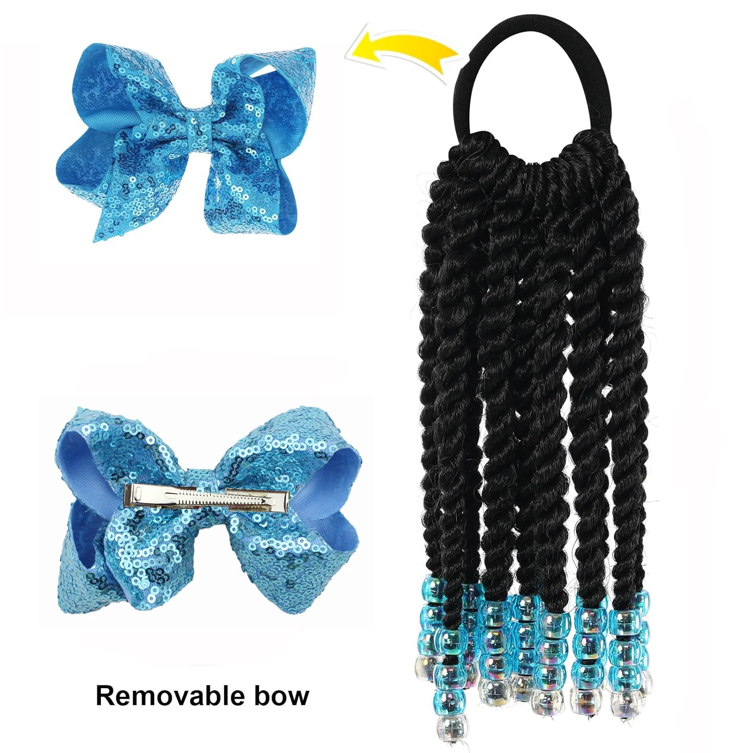 1Set Chic Beaded Braid Ponytail Set,(Clip on Bow, Braid Extension w/ Beads) / Butterfly Bow Hair Ties for Woman & Girls ﻿