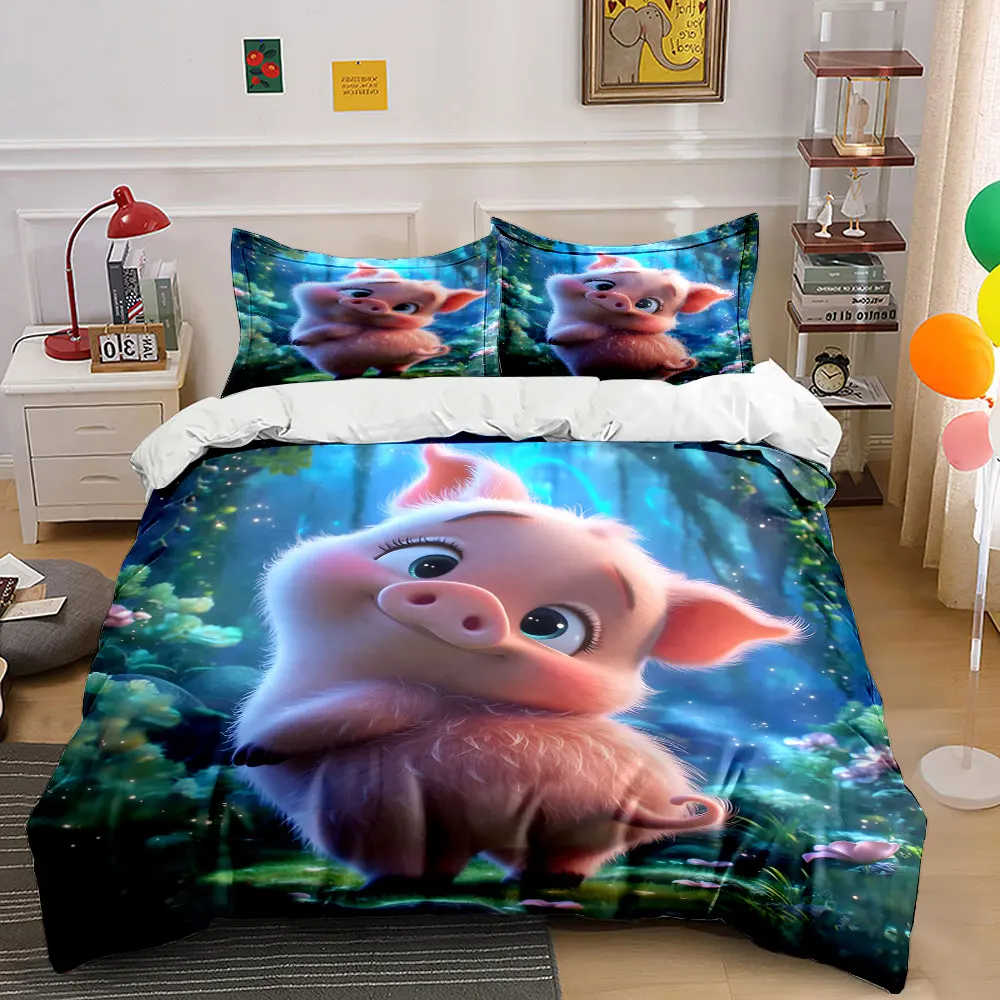 Adorable pig strolling in forest Printed Duvet Cover Set1 Duvet Cover+2 PillowcaseMulti Size Bedroom Bedding Decoration