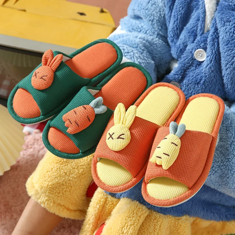 2024 Hot New Cartoon Carrot Rabbit Linen Slippers Personality Home Indoor Non-slip Floor Women's Slippers