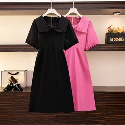 Plus size women's summer casual dress Black pink polyester fabric loose comfortable skirt mid-length party dress 2024