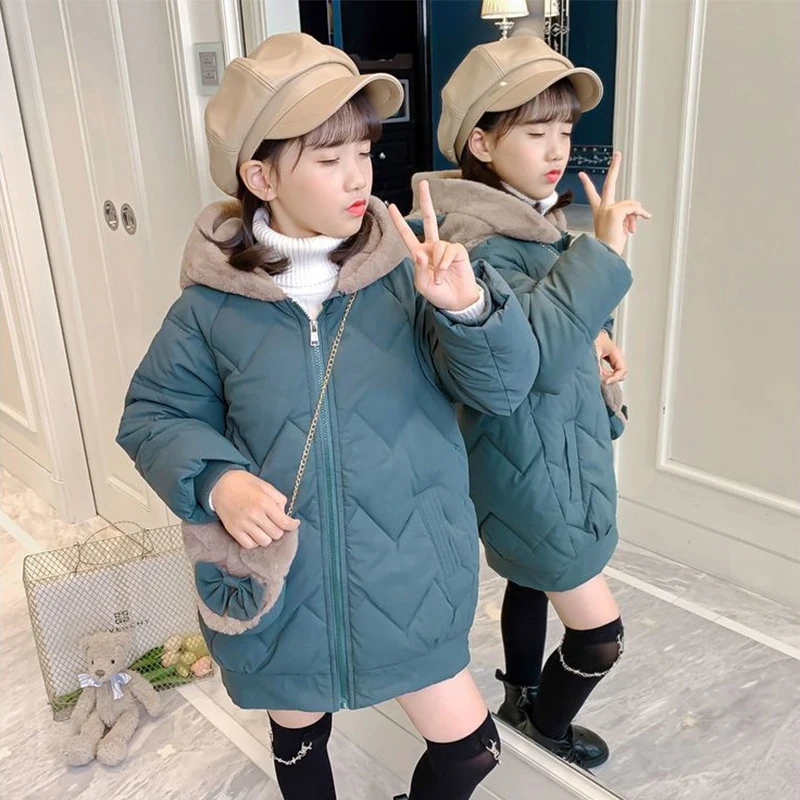 6 8 10 12 14 Years Big Girls Coat Plus Velvet Warm Winter Jacket For Girl Fashion Hooded Long Parkas Children Outerwear Clothing