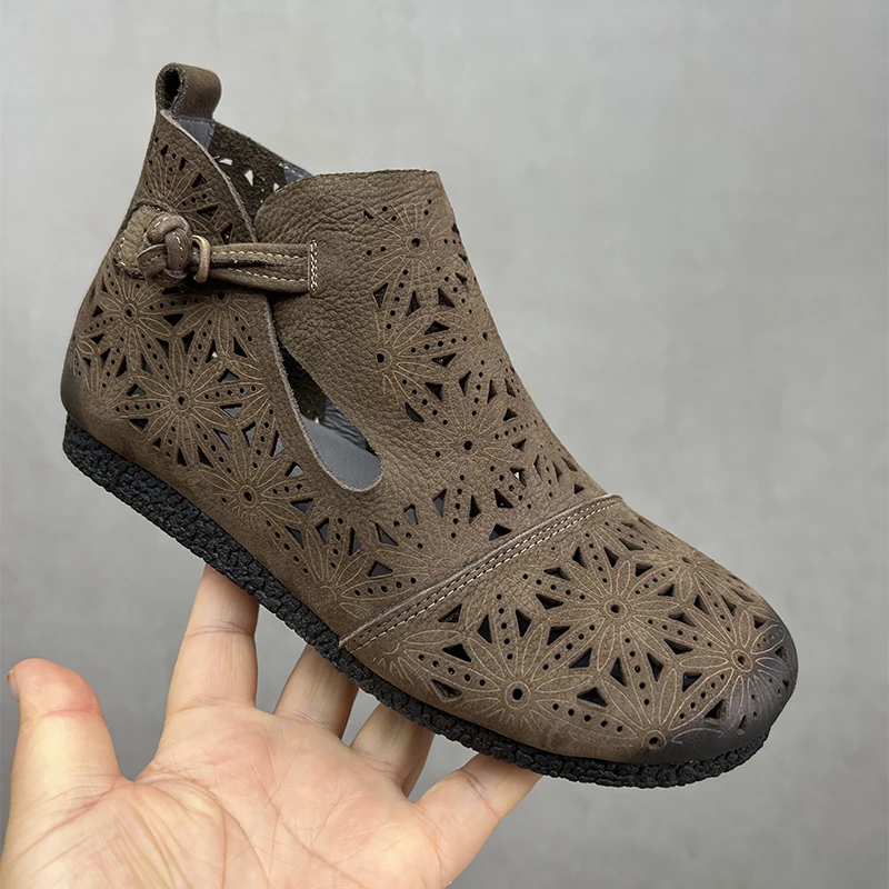 

Careaymade-Genuine leather women's shoes spring/summer hollow out cool boots women's high top round toe flats hole Casual Shoes