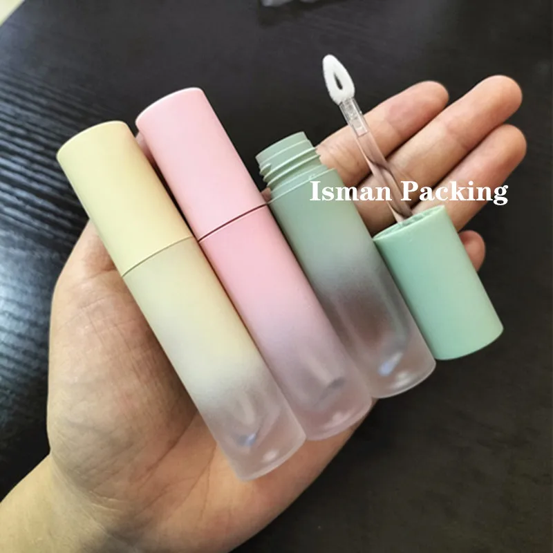 50Pcs Round empty mini gradient green yellow lip gloss container frosted pink lipgloss packaging tubes with heart brush 3ml