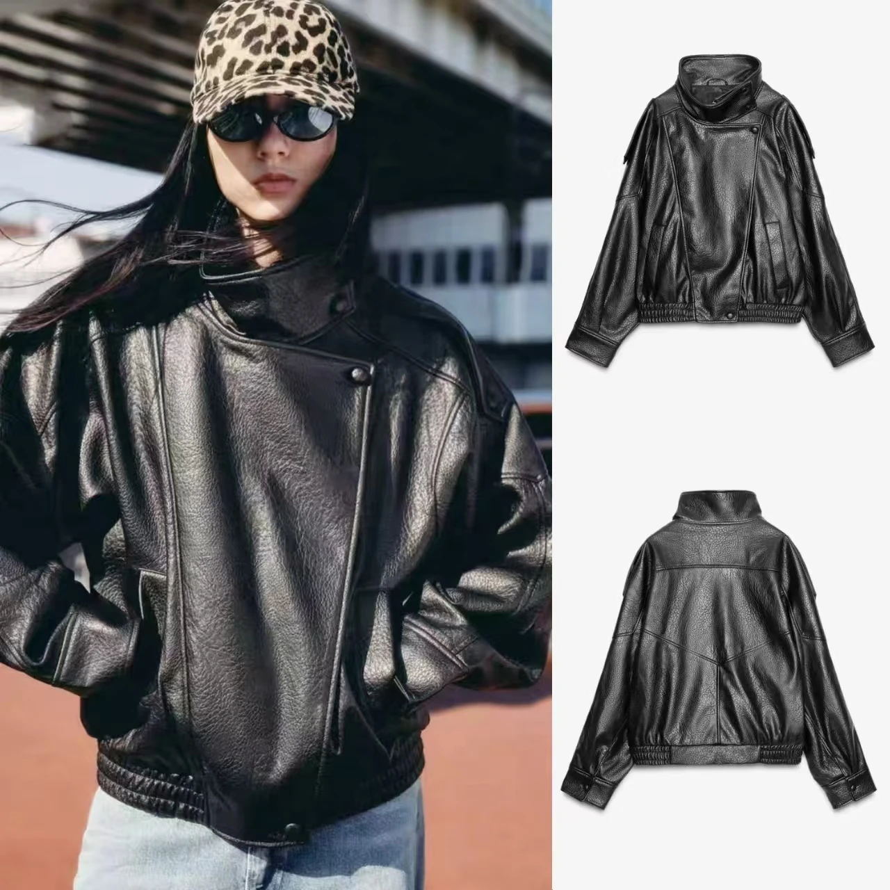 

Женская свободная куртка-косуха из искусственной кожи с длинными рукавами и воротником-стойкой, ветрозащитная, для повседневной носки, коллекция Осень 2025