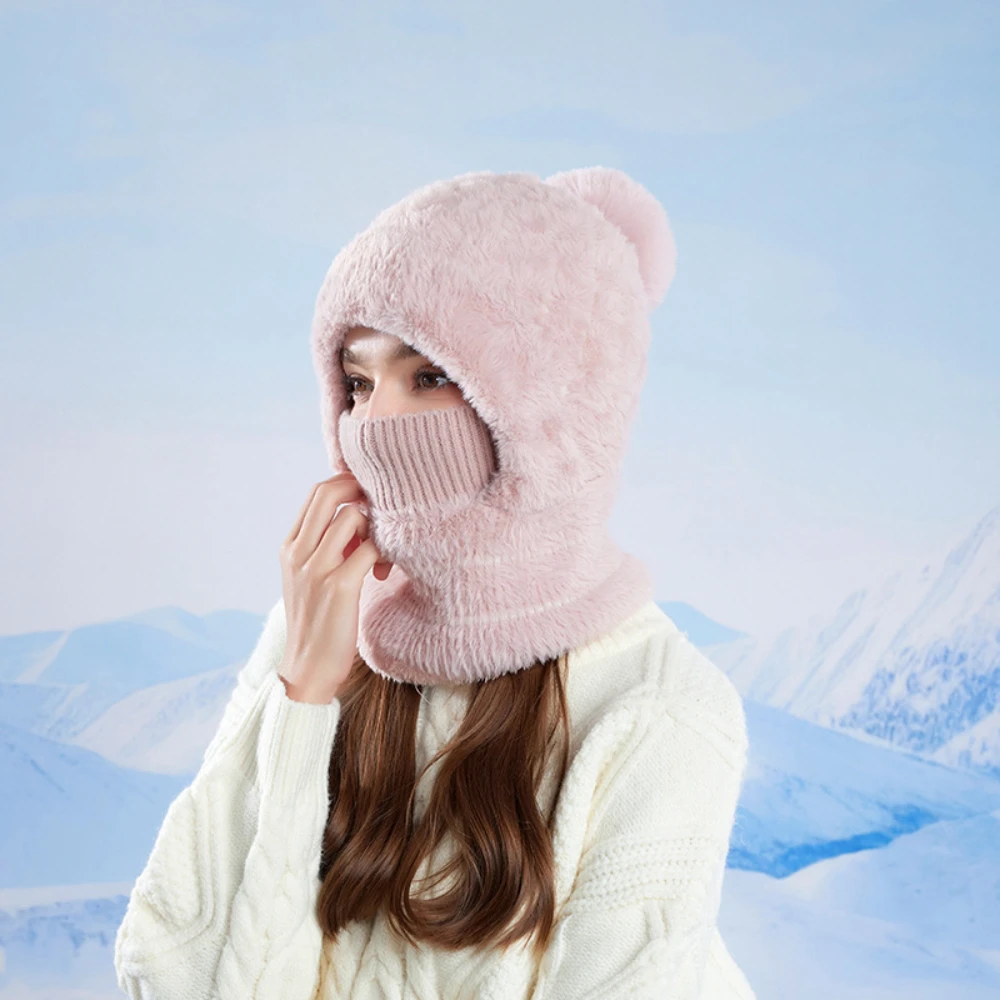 

Winter Lady Outdoor Cycling Plus Velvet Earflaps Knitted Wool Cap Keep Warm Pullover Cap Collar Mask Integral Cap Sports