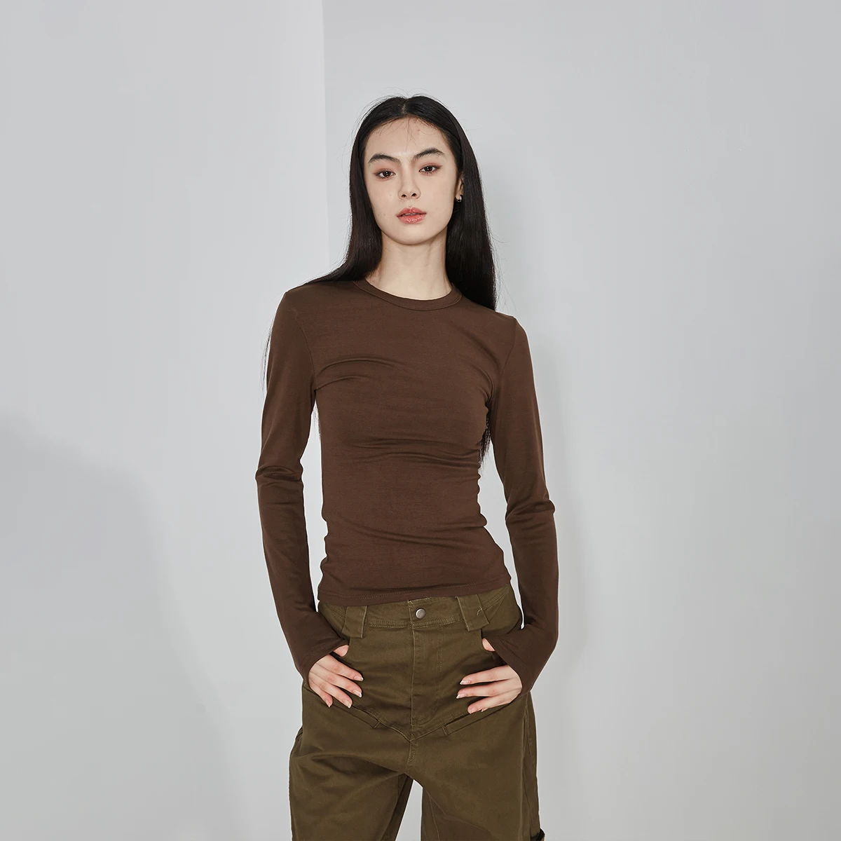 C-GEM-American Spicy Girl 모달 긴팔 티셔츠 - 레귤러 숄더, 피부 친화적, 슬림핏 가을 겨울 레이어링 탑