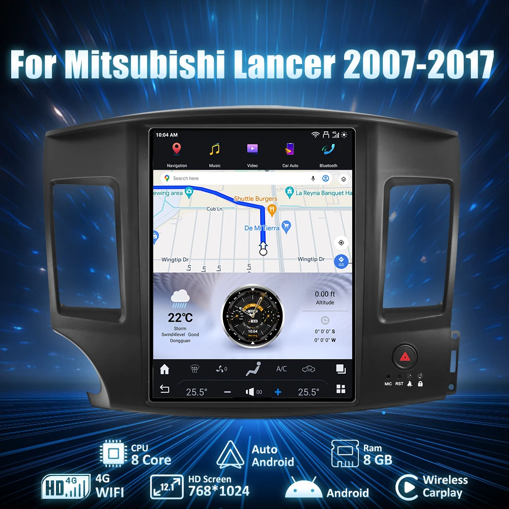 AuCar T-Style Car Stereo Android 13.0 Head Unit Car DVD Player Car Radio For Mitsubishi Lancer 2007-2017 12.1 Inch