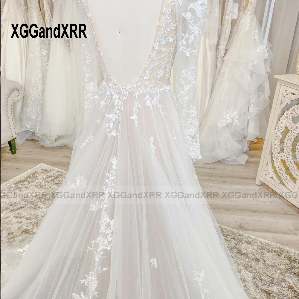 Vestido de novia de encaje con diseño de espalda abierta, vestido de novia Formal con escote en V, mangas largas, Espalda descubierta, apliques de tren de corte, 2023