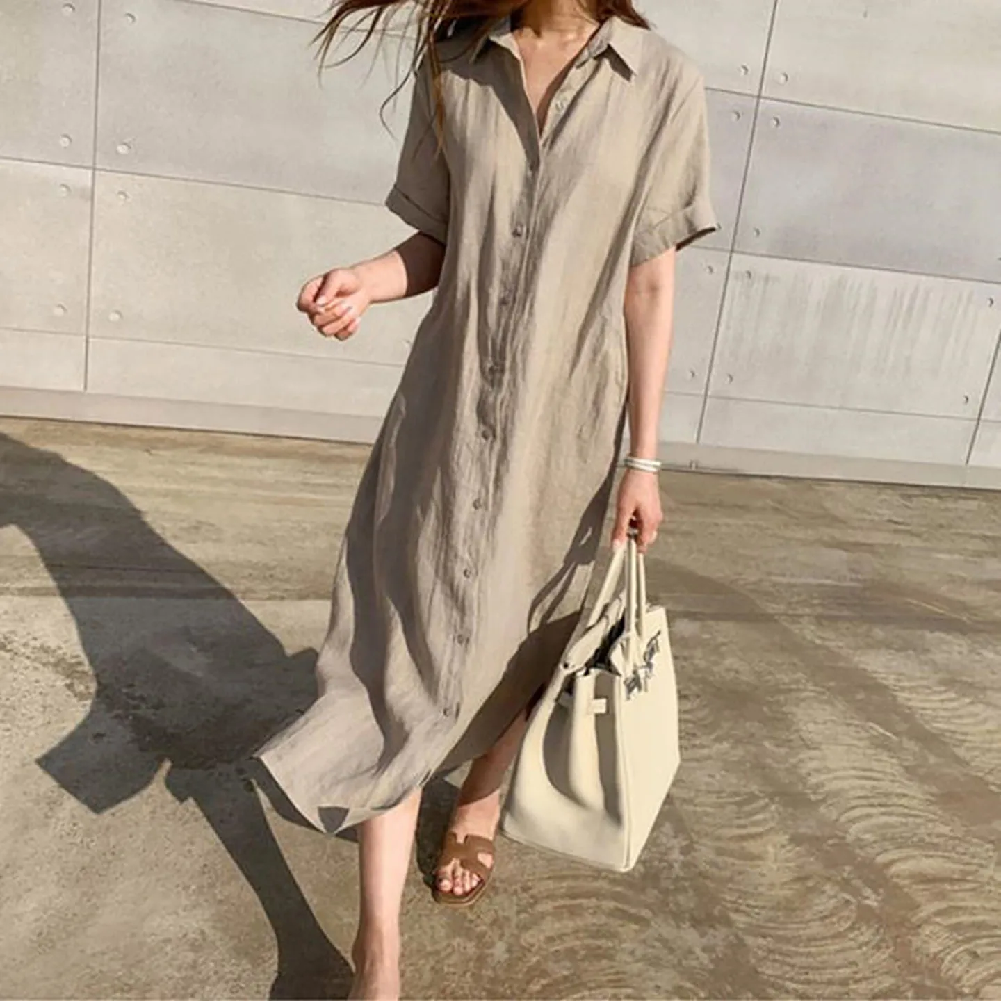 Chic Summer 2026 Women's Slim Fit Korean Retro Style Linen Shirt Dress Versatile Breathable City Commute A-Line Skirt Dress